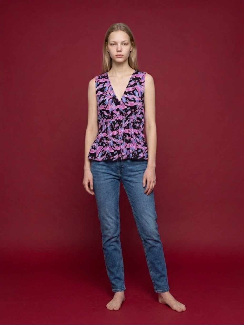 V-Neck Smocked Peplum Tank Top - Pink & Black Brushstroke